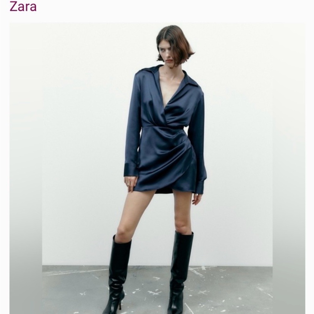 Zara Women's Navy Satin Wrap Mini Dress